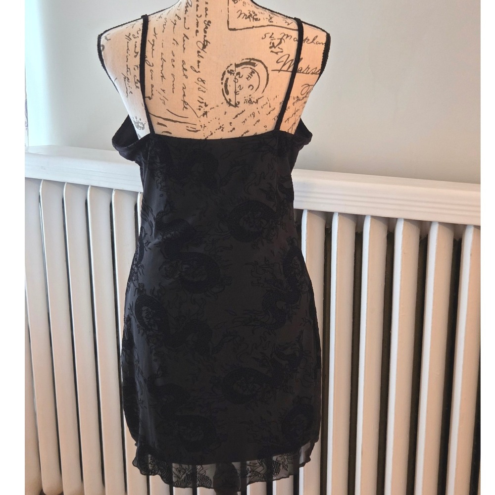 Y2K 90s Black Mesh Dragon Print Mini Dress, Velvet Burnout Flocked Goth, Sz M - Picture 2 of 11
